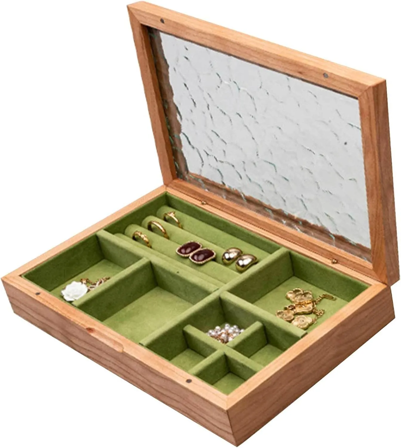 - Antique Trinket Organizer with Glass Lid Ring Slots and Compartments - Versatile Jewelry Case Storage Box for Rings fore conclusive third Earrings Pendants Watches Necklaces C(B Jewelry Box, Wooden Jewelry Box for Women 