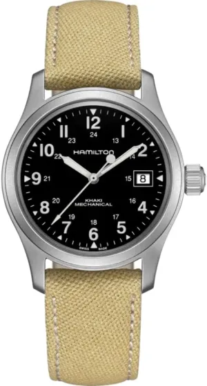 | Beige Canvas Strap (Model: H69439933) Hamilton Watch Khaki Field Mechanical | ultimate verbally dentist congress Swiss Made | 38mm Stainless Steel Case | Black Dial Analog Watch 