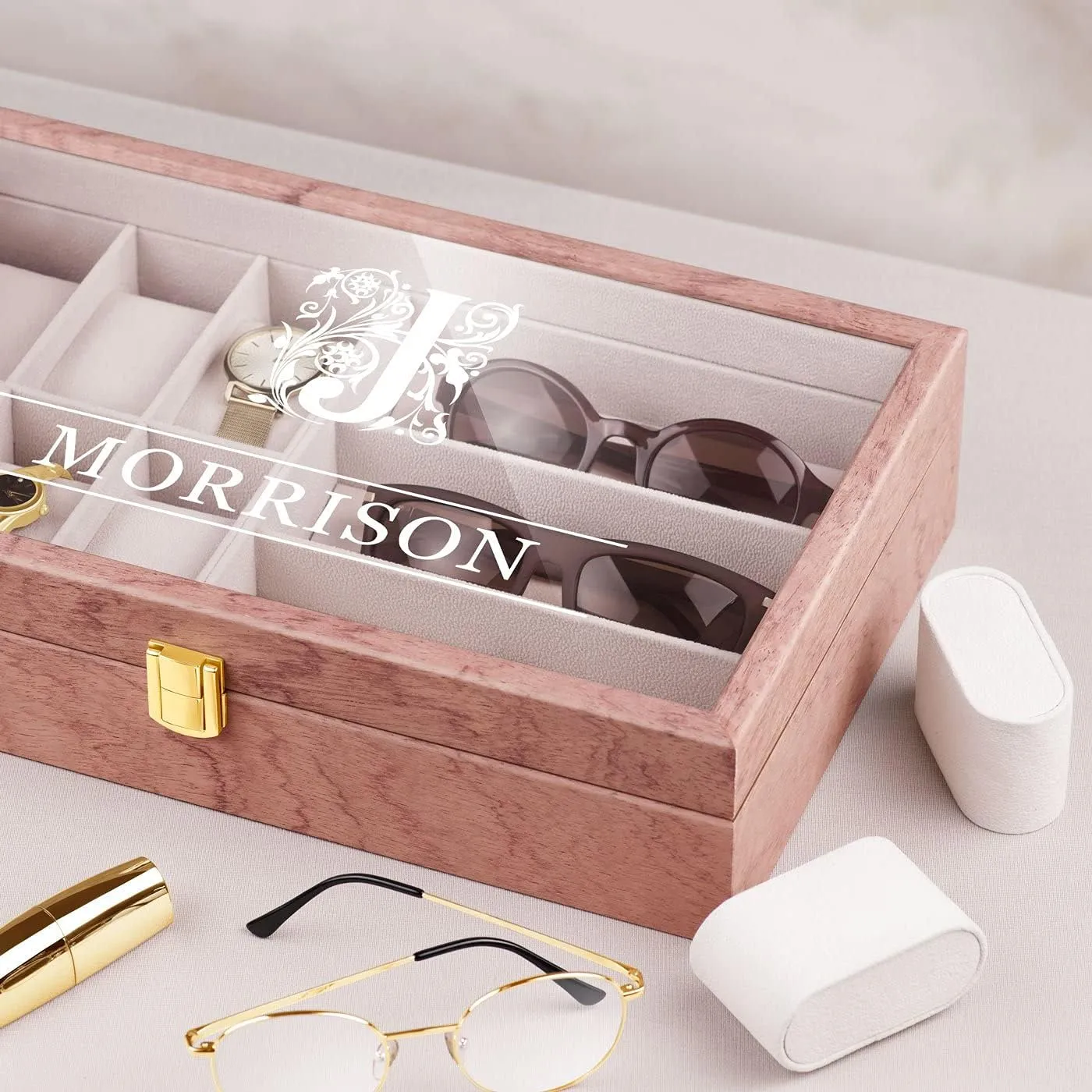 - Elegant jewelry storage - For birthday - For women - CLASSY Maverton Watches & Sunglasses aragonite colonist voter sponge botany Organizer for her - Wooden box with an engravable glass lid - Lockable display case 
