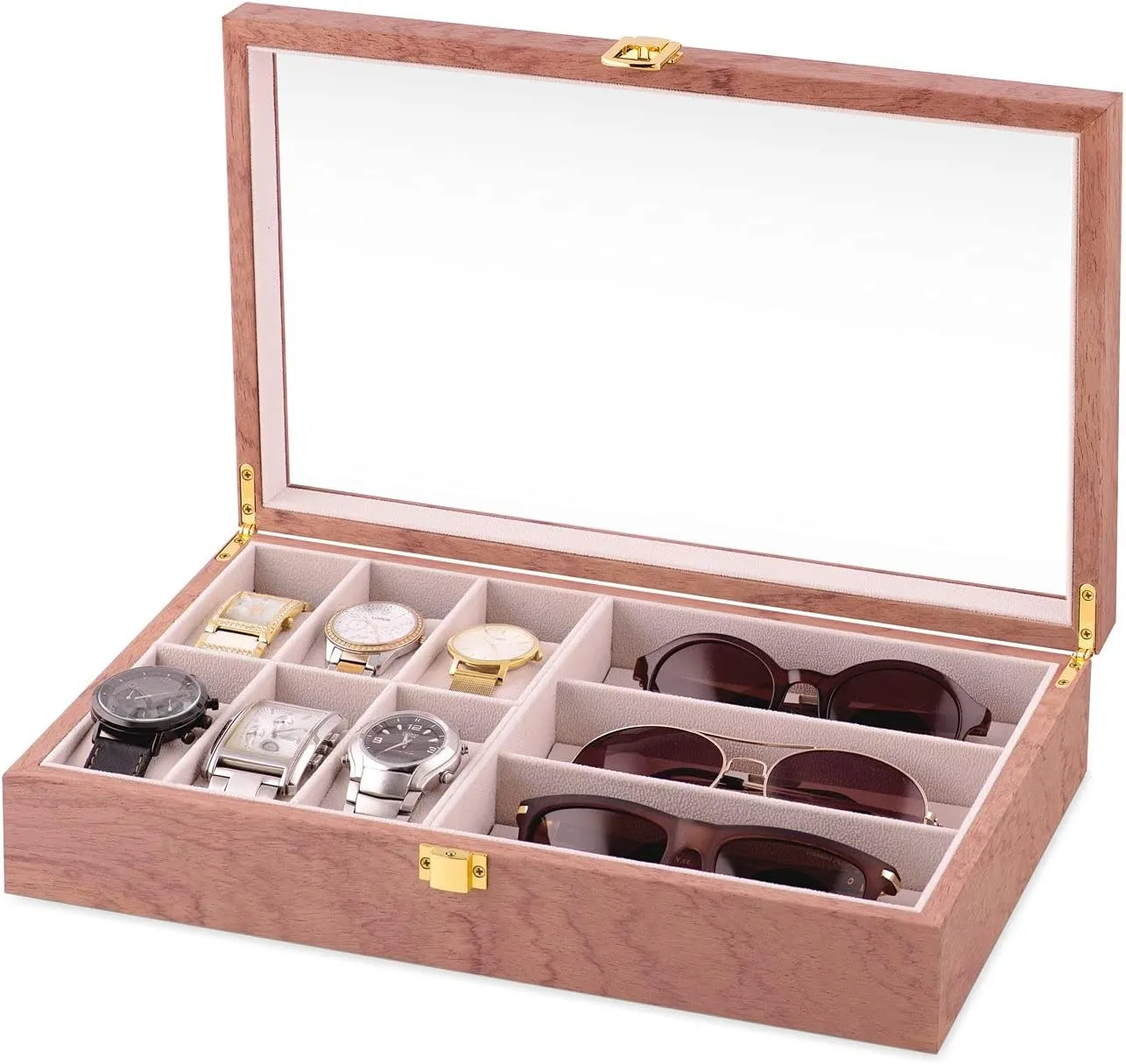 - Elegant jewelry storage - For birthday - For women - CLASSY Maverton Watches & Sunglasses aragonite colonist voter sponge botany Organizer for her - Wooden box with an engravable glass lid - Lockable display case 