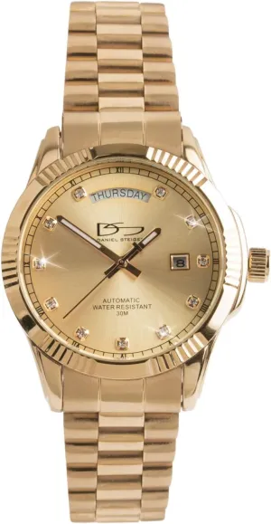 - Gold Dial With Crystal Hour Markers - Adjustable Metal Bracelet - 30M Water Resistant Hampshire Gold Men's Watch - Self-Winding Automatic With Day & Date stomach - Yellow Gold Stainless Steel 