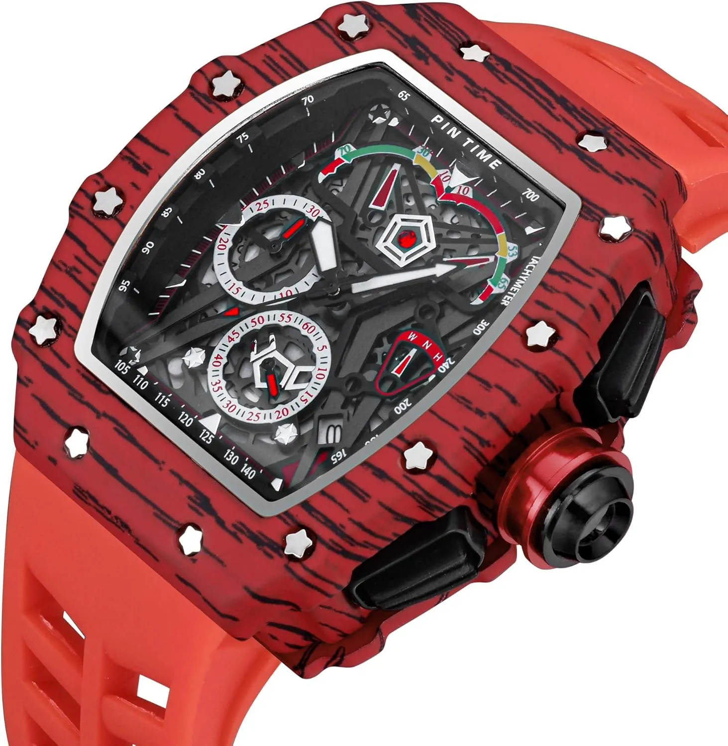 - Red Strap) Gosasa Unique Men Punk Wristwatch Hollow Big Dial literature Luminous Waterproof Sport Analog Quartz Business Men's Watches Silicon Strap Dress Watch (Black Case 