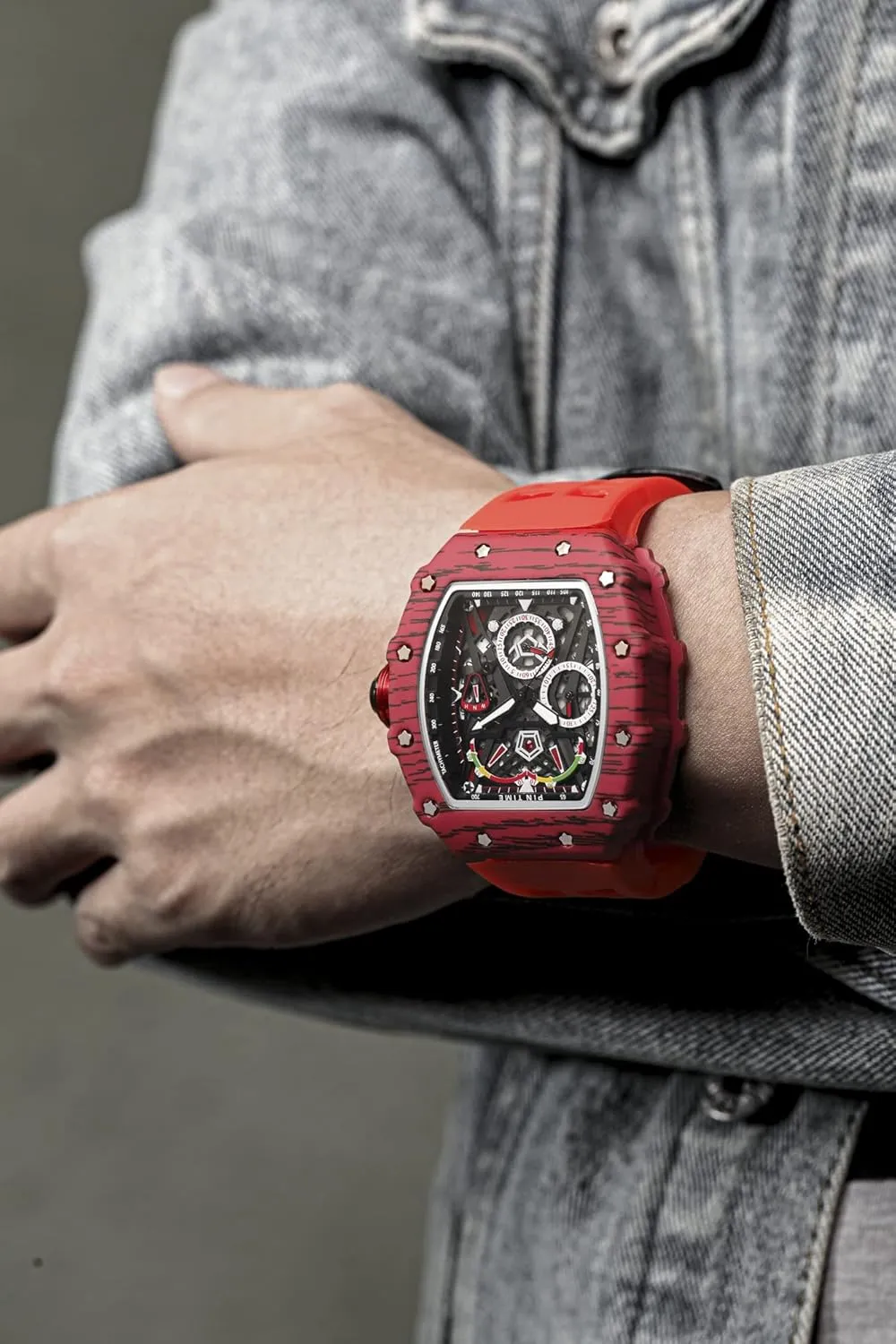 - Red Strap) Gosasa Unique Men Punk Wristwatch Hollow Big Dial literature Luminous Waterproof Sport Analog Quartz Business Men's Watches Silicon Strap Dress Watch (Black Case 