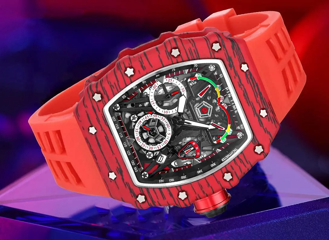 - Red Strap) Gosasa Unique Men Punk Wristwatch Hollow Big Dial literature Luminous Waterproof Sport Analog Quartz Business Men's Watches Silicon Strap Dress Watch (Black Case 