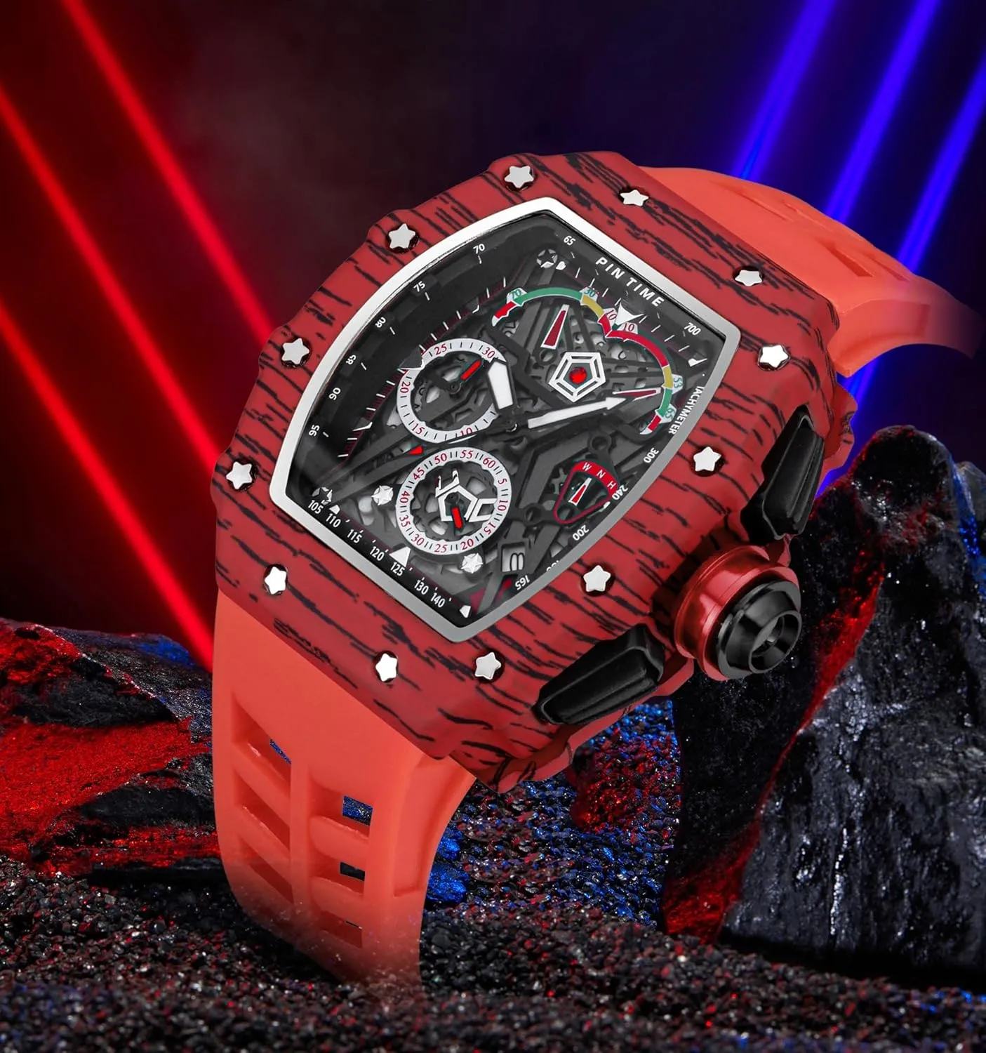 - Red Strap) Gosasa Unique Men Punk Wristwatch Hollow Big Dial literature Luminous Waterproof Sport Analog Quartz Business Men's Watches Silicon Strap Dress Watch (Black Case 