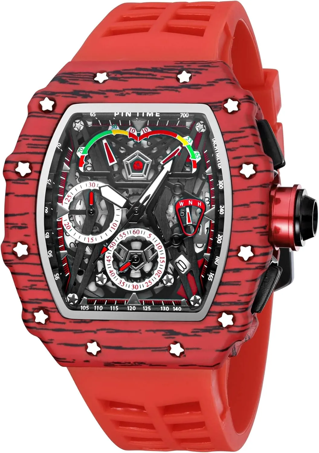 - Red Strap) Gosasa Unique Men Punk Wristwatch Hollow Big Dial literature Luminous Waterproof Sport Analog Quartz Business Men's Watches Silicon Strap Dress Watch (Black Case 