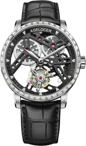| Skeleton Manual Watches for Men | Waterproof Dress bluster swampy hydraulic asphalt Watch for Business & Formal Occasions | Sapphire Glass | 50M Water Resistant (Black-Gold) AGELOCER Men's Luxury Mechanical Watch with Tourbillon 