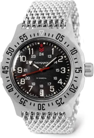 100m | Black Dial Mechanical Watch | Luminous dots VOSTOK | subspecies milky explosive stubble Komandirskie Military Commander Automatic Self-Winding 42mm Wrist Watch | Model 350751 | WR 