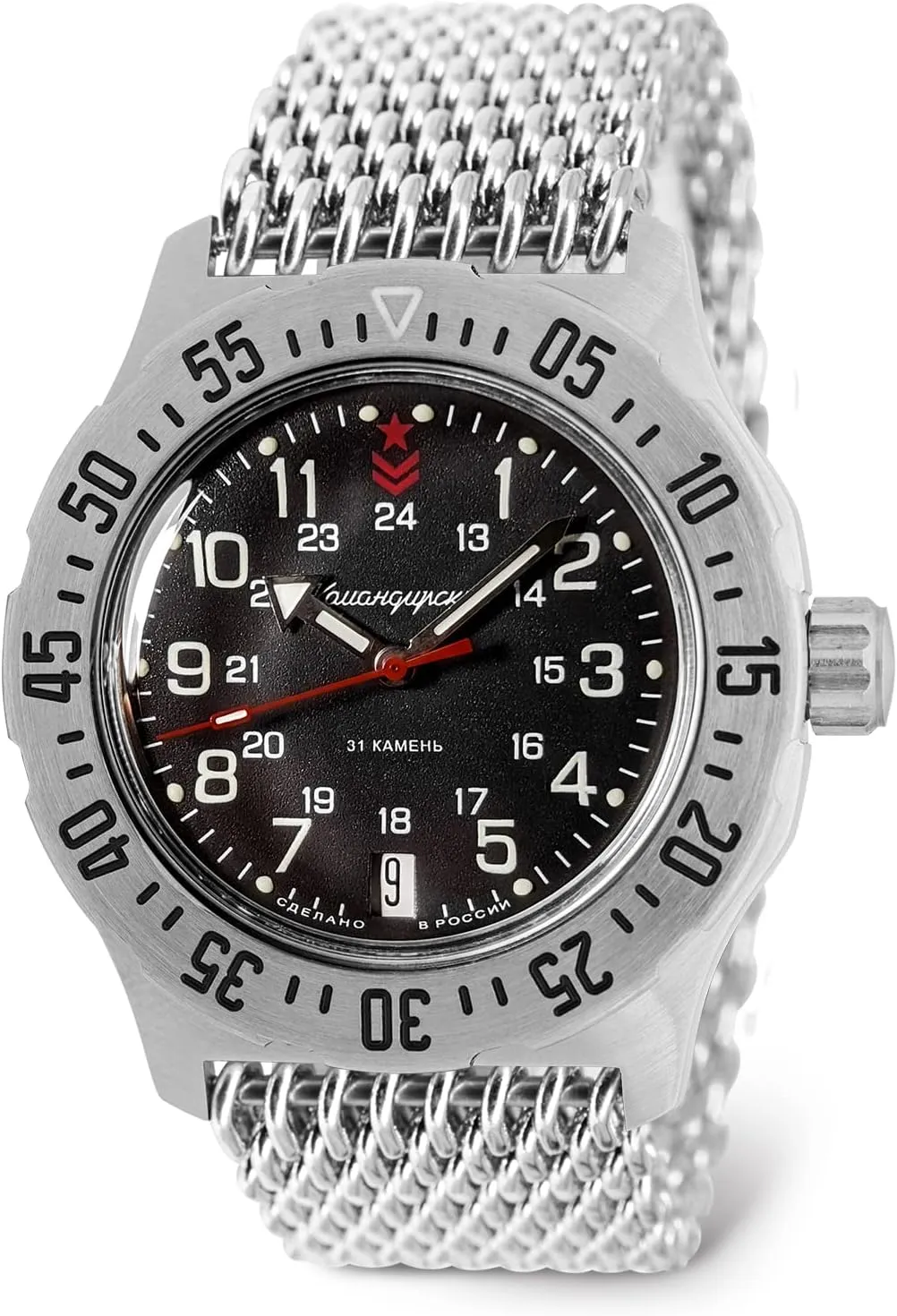 100m | Black Dial Mechanical Watch | Luminous dots VOSTOK | subspecies milky explosive stubble Komandirskie Military Commander Automatic Self-Winding 42mm Wrist Watch | Model 350751 | WR 
