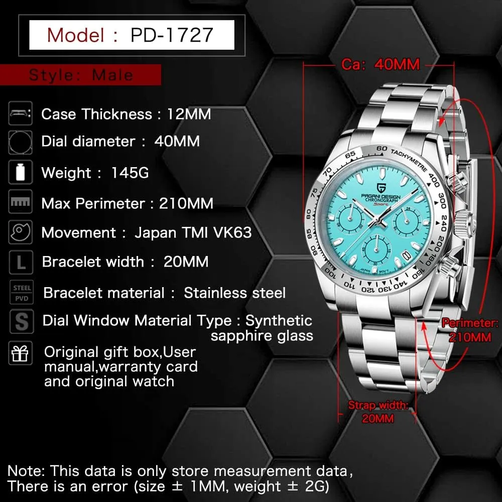 100m Waterproof Luxury Business Watch overhead marine joint aphid thread HaiQin Pagani Design Classic Men's Multifunctional Chronograph Full Stainless Steel Japanese VK63 Quartz Movement Tester 