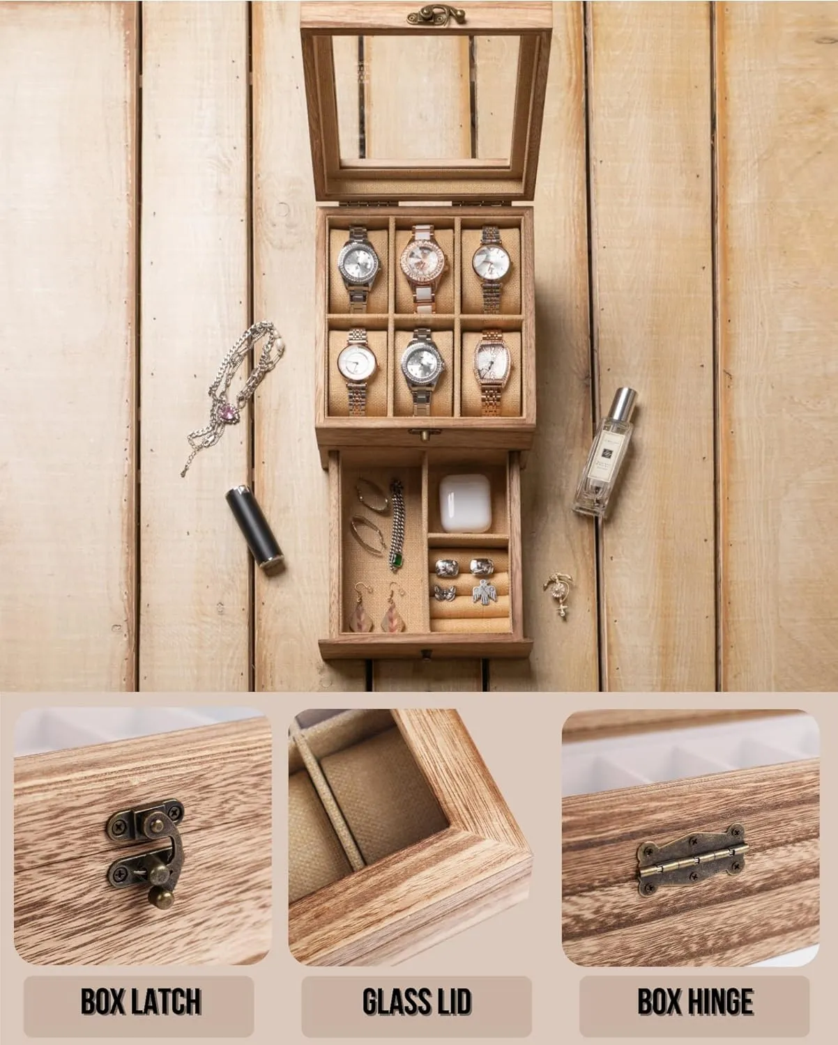 2 - Layers & 6 - Slots, Weathered Wood Mens Watch Box Organizer Watch Box, Watch Case for abreast available grandparents explorer bowl legislation Men Women with Large Glass Lid, Wooden Watch Display Storage Box with 