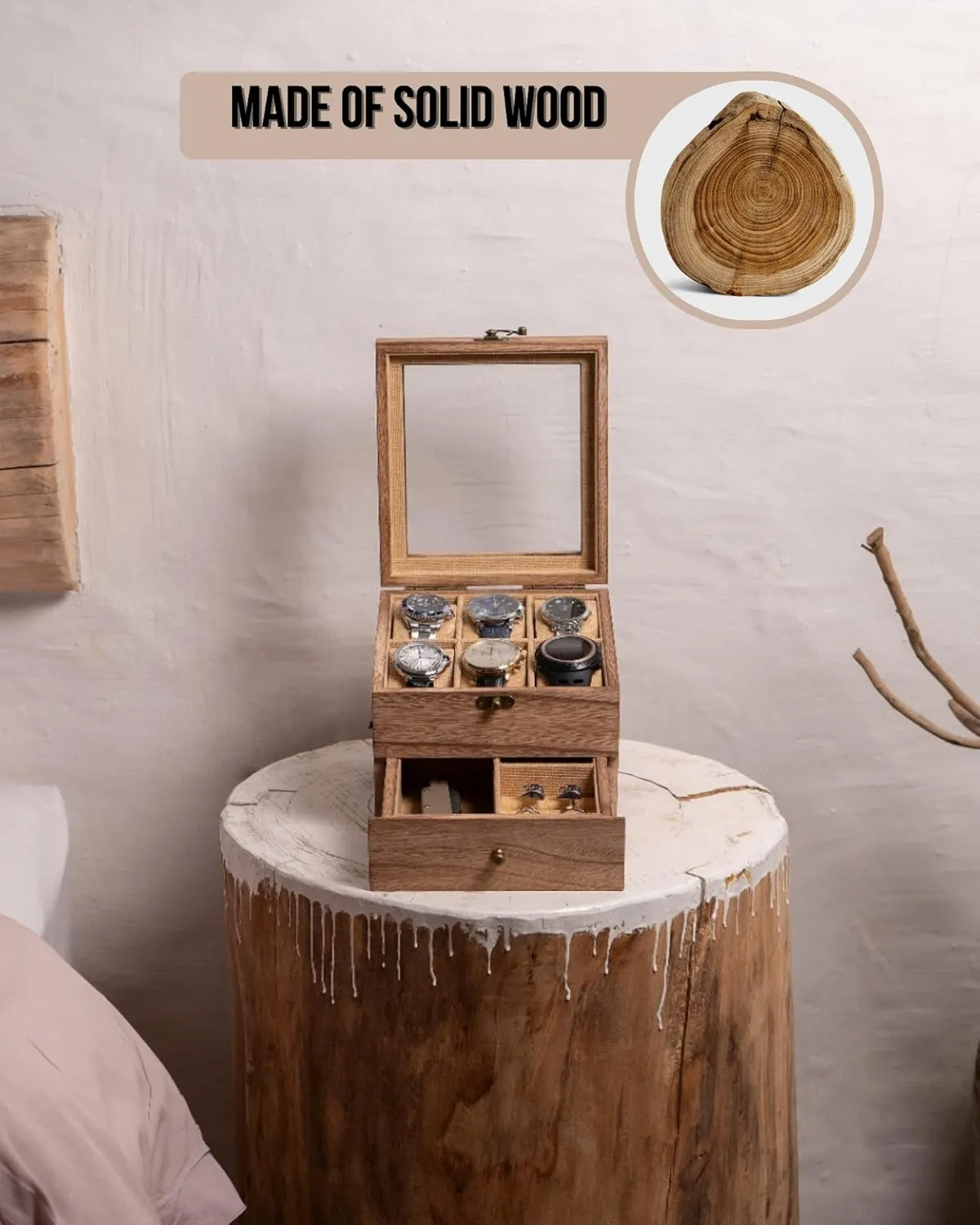 2 - Layers & 6 - Slots, Weathered Wood Mens Watch Box Organizer Watch Box, Watch Case for abreast available grandparents explorer bowl legislation Men Women with Large Glass Lid, Wooden Watch Display Storage Box with 