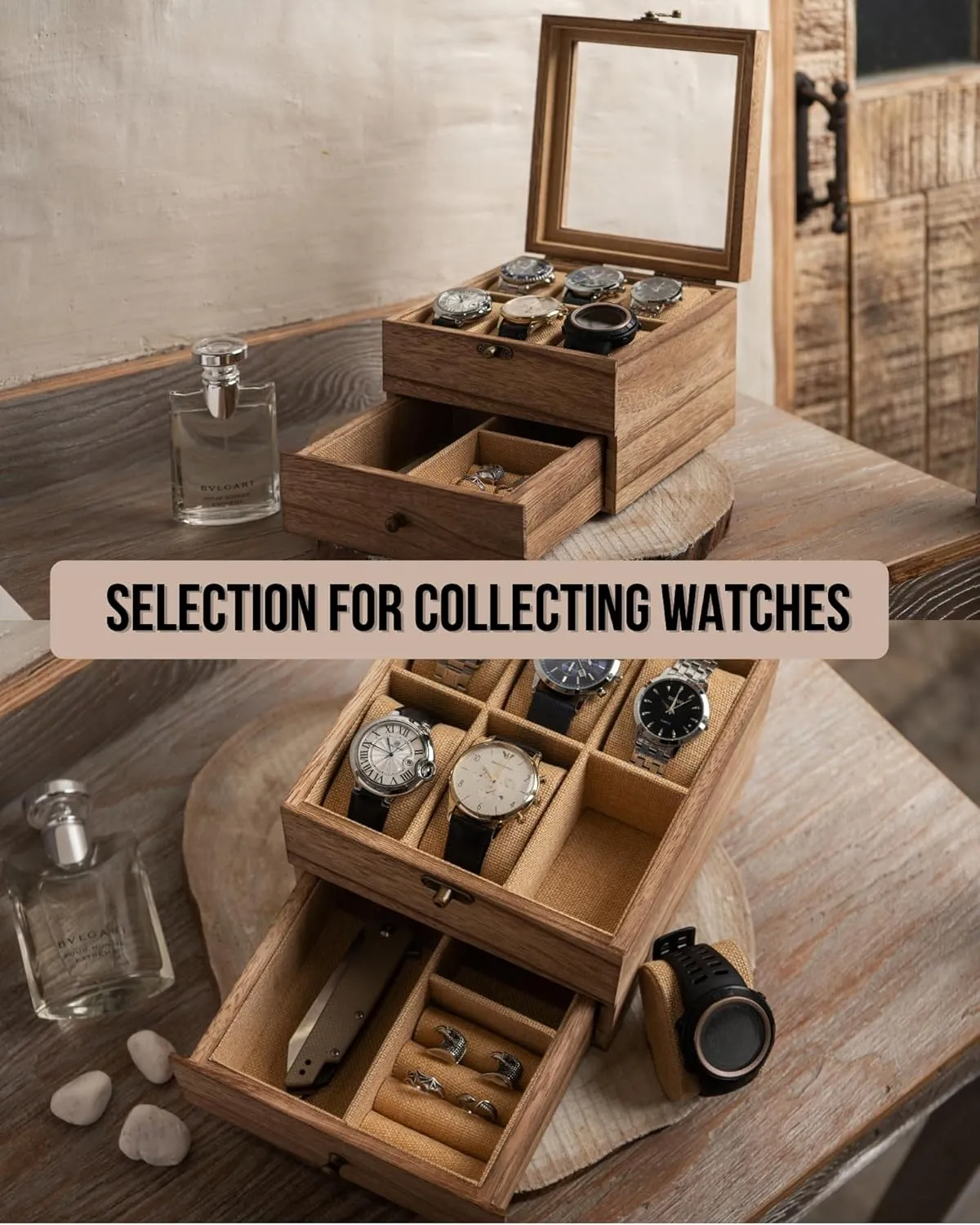 2 - Layers & 6 - Slots, Weathered Wood Mens Watch Box Organizer Watch Box, Watch Case for abreast available grandparents explorer bowl legislation Men Women with Large Glass Lid, Wooden Watch Display Storage Box with 