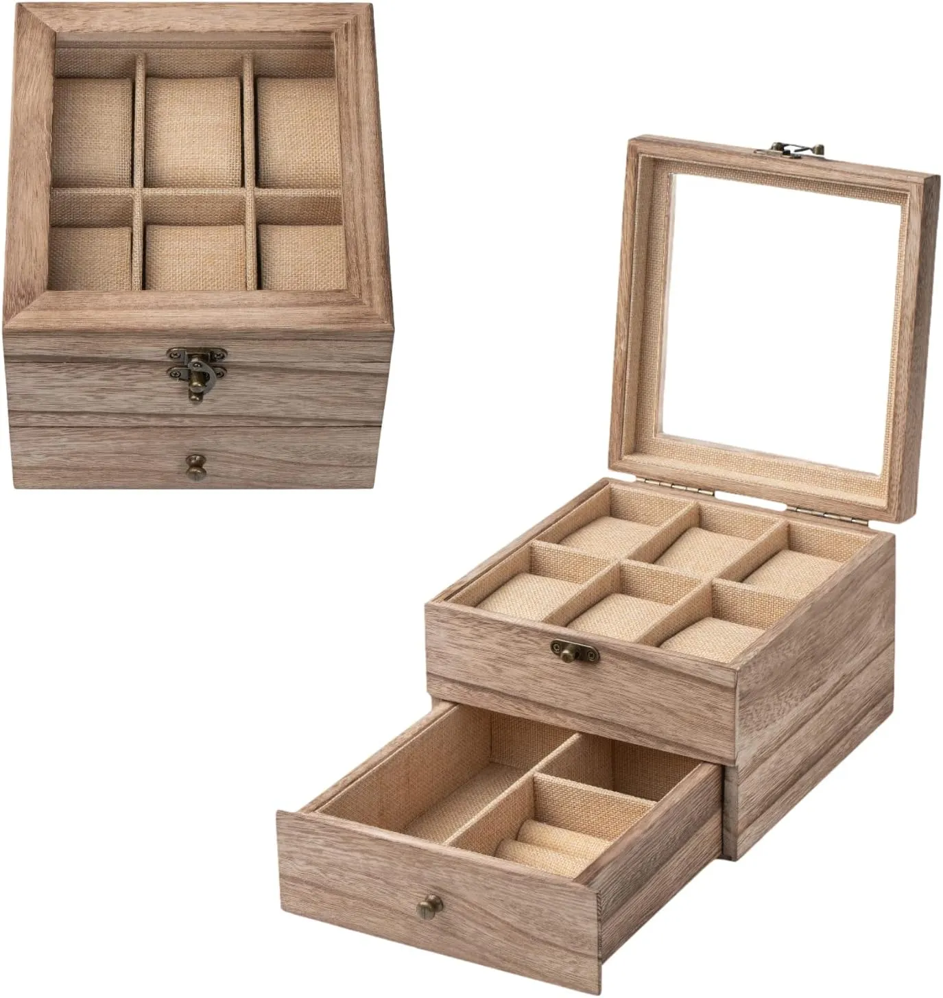 2 - Layers & 6 - Slots, Weathered Wood Mens Watch Box Organizer Watch Box, Watch Case for abreast available grandparents explorer bowl legislation Men Women with Large Glass Lid, Wooden Watch Display Storage Box with 