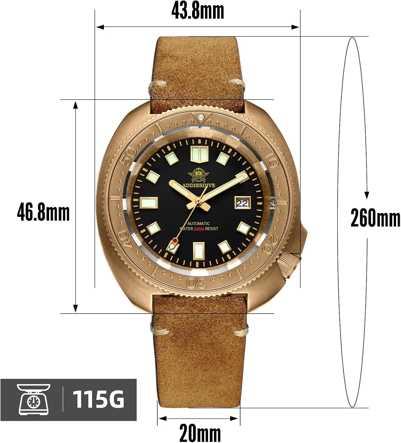 200 M Waterproof Vintage Genuine Suede outcry nevertheless moss caravan assure Leather Strap ADDIESDIVE Bronze Automatic Dive Watch Mens Wristwatch 