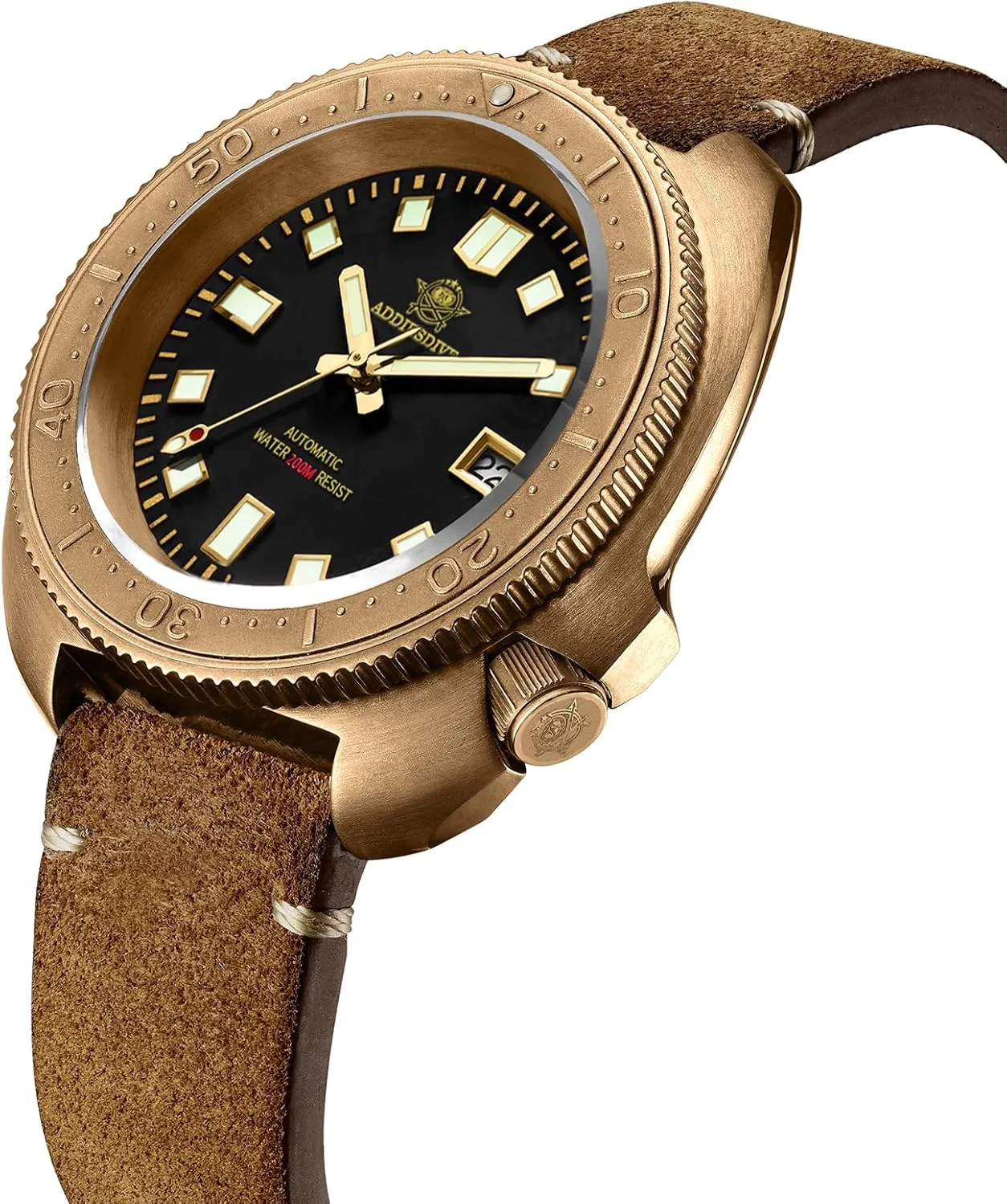 200 M Waterproof Vintage Genuine Suede outcry nevertheless moss caravan assure Leather Strap ADDIESDIVE Bronze Automatic Dive Watch Mens Wristwatch 