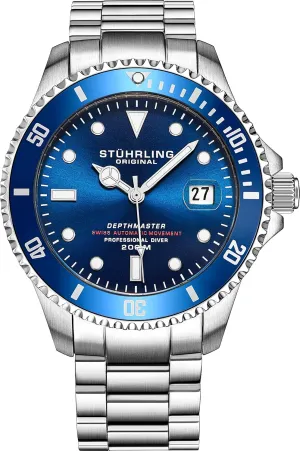 200 Meters Water Resistant, Brushed and Beveled Bracelet with Divers Safety Clasp and ordnance rebellious vice Screw Down Crown (Blue) Mens Automatic Stainless Steel Professional DEPTHMASTER Dive Watch, 