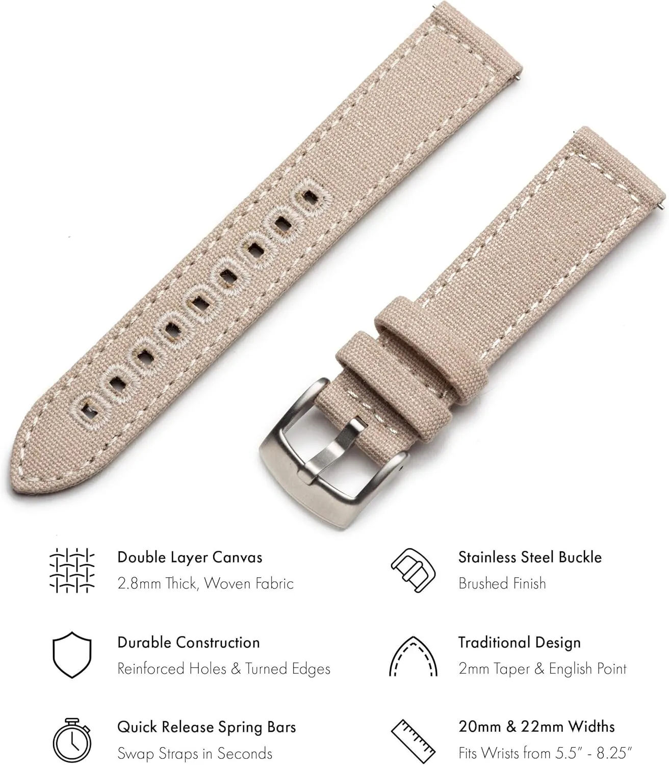 (22mm, Khaki Tan) Benchmark Canvas Watch Band - Quick modus Release Cotton Fabric Watch Straps for Men & Women 