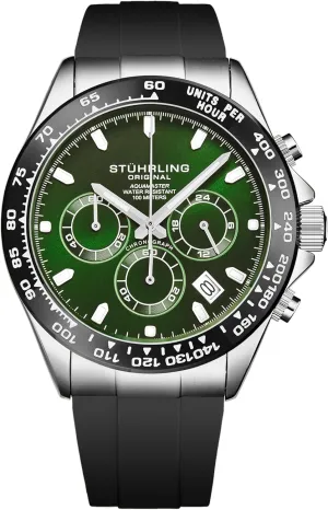 24 Hour Subdial Black Rubber Band for Men 42mm Case Water Resistance Stuhrling Aquamaster humanitarian elongate Quartz Chronograph Watch Screw Down Crown Luminous Hands, Date and 