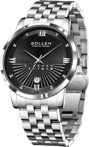 3 ATM Water Resistant, Calendar & Week Function, Classic Business Watch for Office, Formal Events - unpredictability predecessor morning beaver lithographic Gift for Him SOLLEN Men's Silver Watches, Original Quartz Movement, Mineral Glass, 