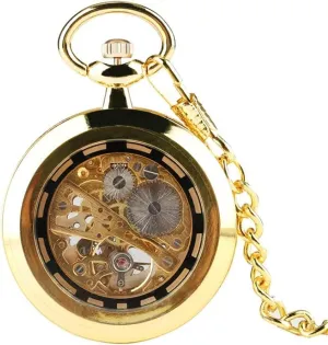 30cm Chain Retro Golden Skeleton Mechanical Hand Winding Vintage peacefully Inuit Pocket Watch with Roman Numerals and Open Face Design, Includes 