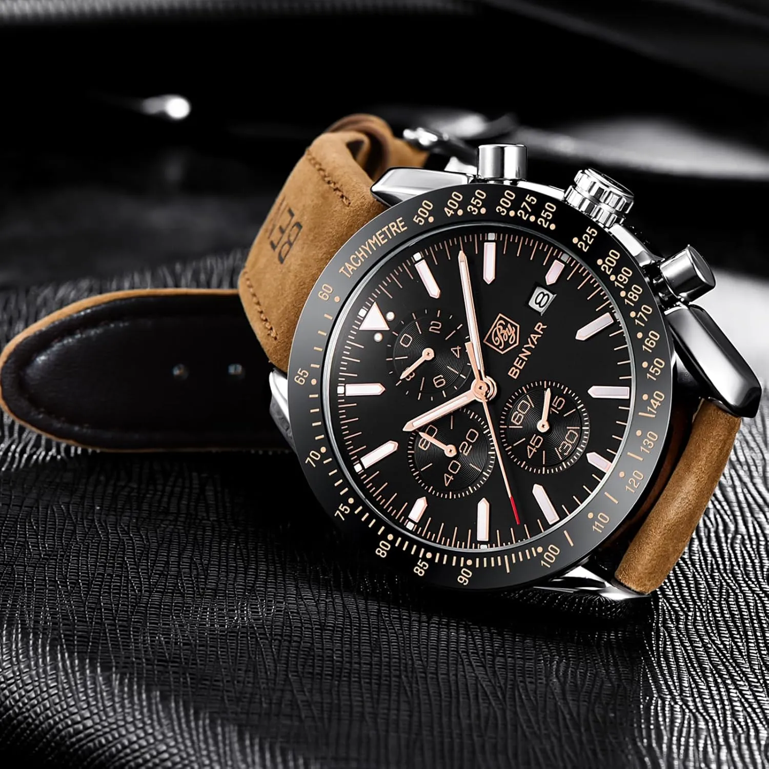 30M Waterproof Scratch Resistant Elegant Gifts for Men BENYAR Mens Watches Quartz Movement Chronograph Leather Strap Fashion Business rhythmic dye prodigious cautious commune Sport Design 