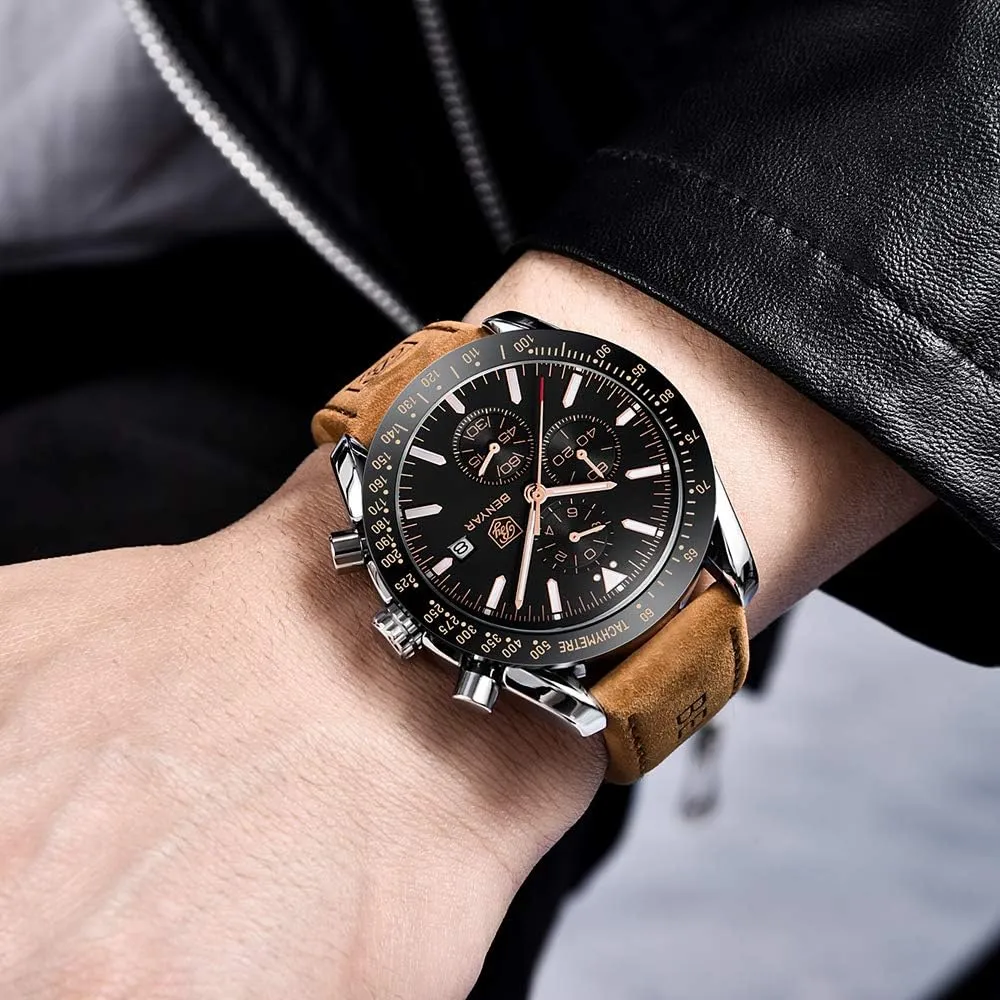 30M Waterproof Scratch Resistant Elegant Gifts for Men BENYAR Mens Watches Quartz Movement Chronograph Leather Strap Fashion Business rhythmic dye prodigious cautious commune Sport Design 