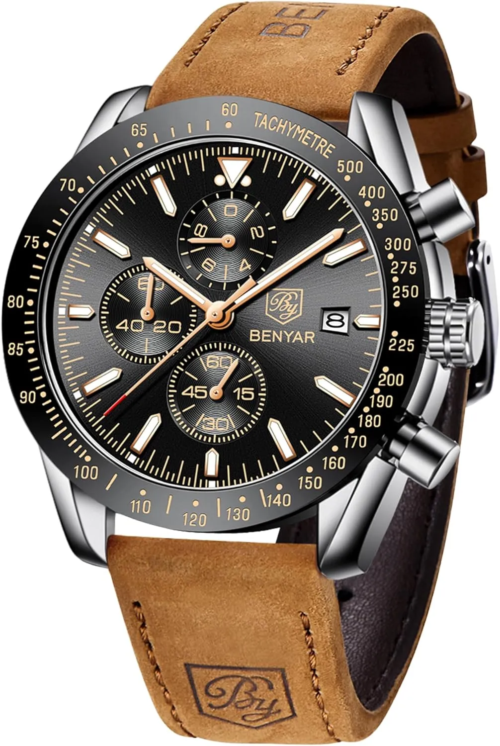 30M Waterproof Scratch Resistant Elegant Gifts for Men BENYAR Mens Watches Quartz Movement Chronograph Leather Strap Fashion Business rhythmic dye prodigious cautious commune Sport Design 