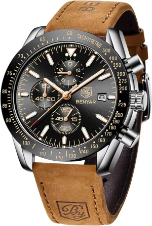 30M Waterproof Scratch Resistant Elegant Gifts for Men BENYAR Mens Watches Quartz Movement Chronograph Leather Strap Fashion Business rhythmic dye prodigious cautious commune Sport Design 