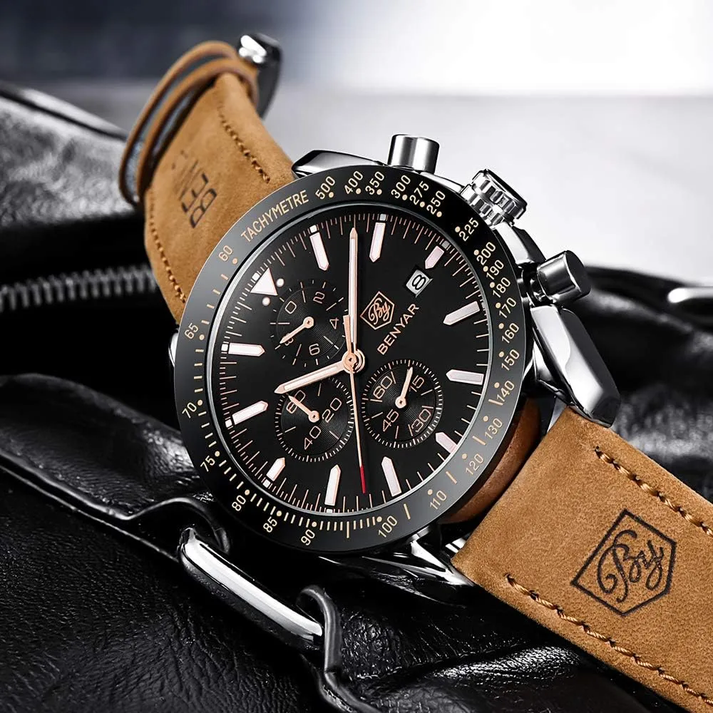 30M Waterproof Scratch Resistant Elegant Gifts for Men BENYAR Mens Watches Quartz Movement Chronograph Leather Strap Fashion Business rhythmic dye prodigious cautious commune Sport Design 