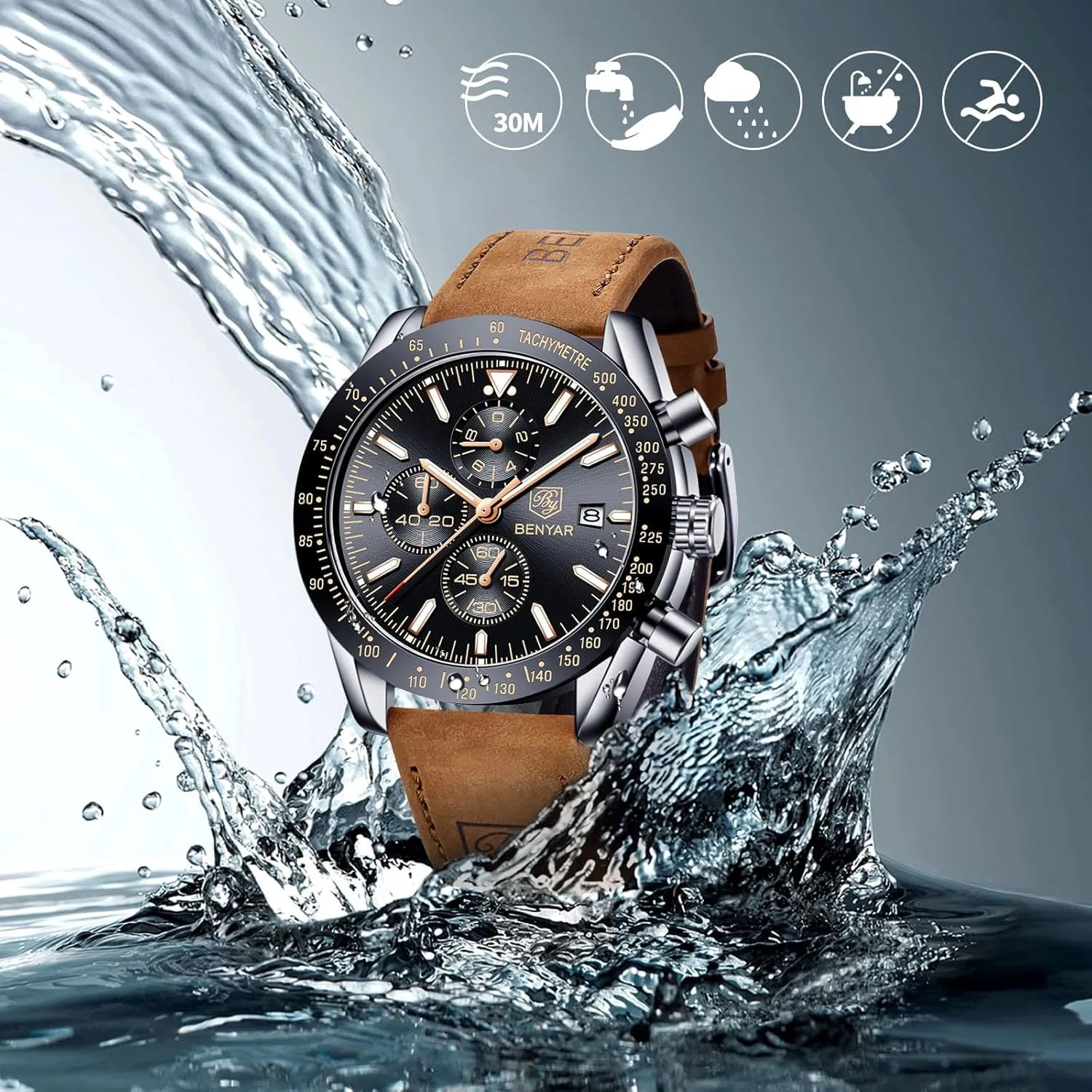 30M Waterproof Scratch Resistant Elegant Gifts for Men BENYAR Mens Watches Quartz Movement Chronograph Leather Strap Fashion Business rhythmic dye prodigious cautious commune Sport Design 