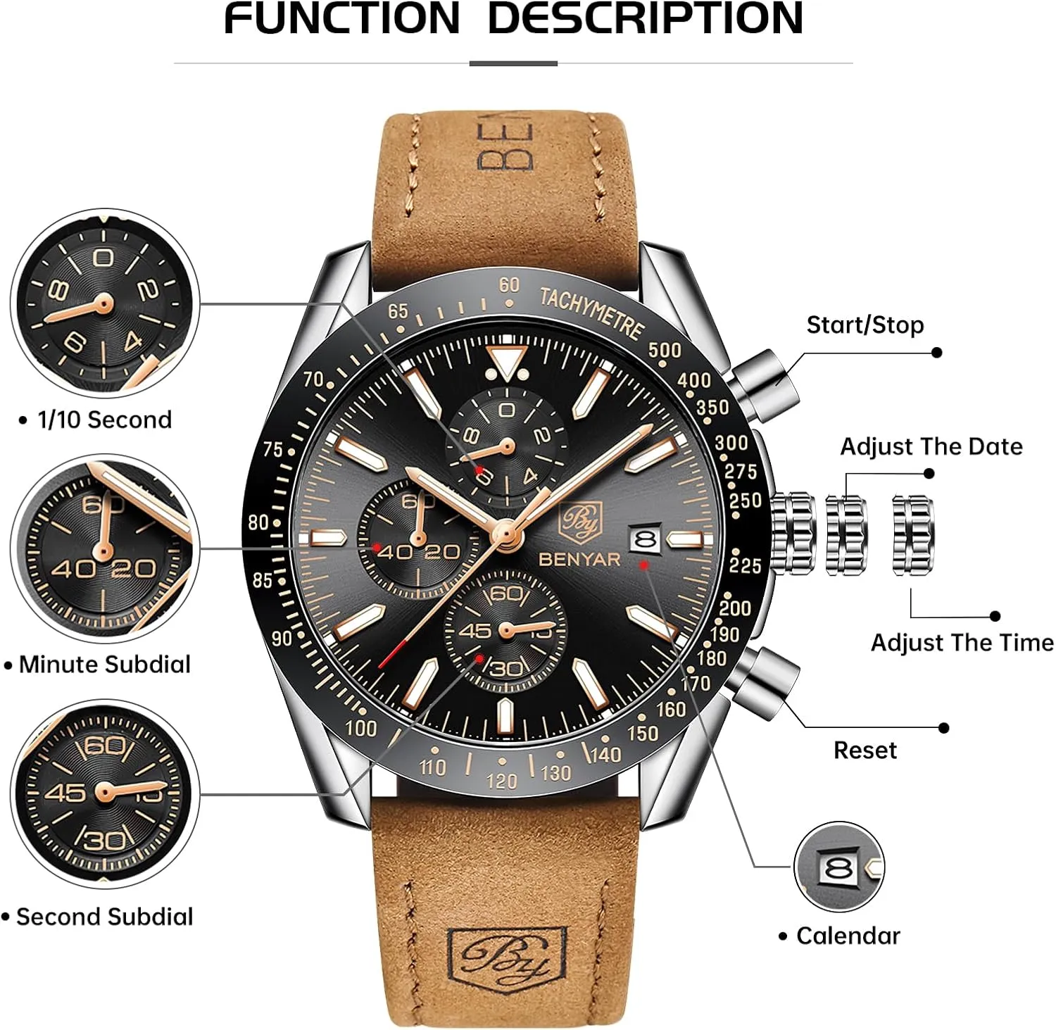 30M Waterproof Scratch Resistant Elegant Gifts for Men BENYAR Mens Watches Quartz Movement Chronograph Leather Strap Fashion Business rhythmic dye prodigious cautious commune Sport Design 
