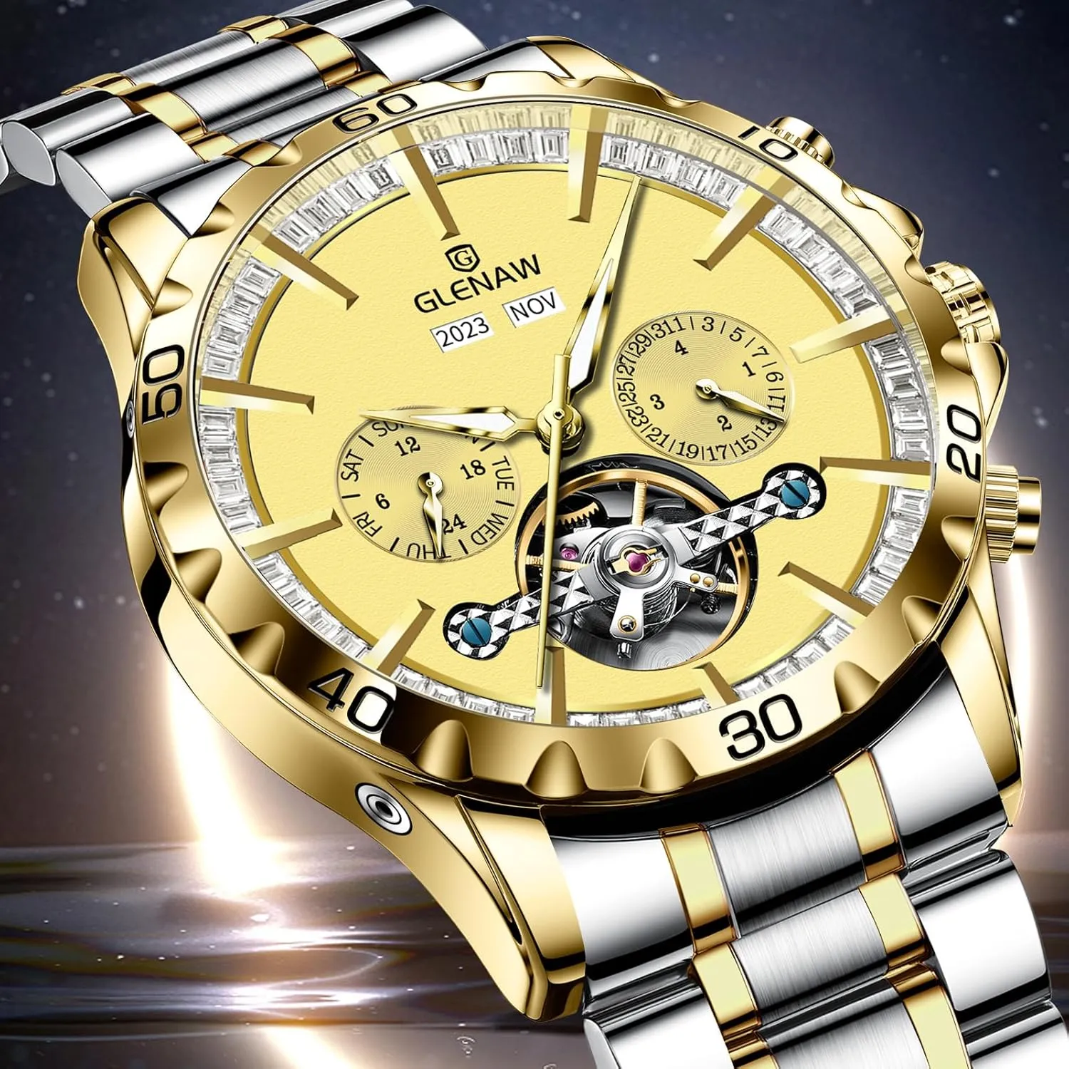 30M Waterproof Watches Diamond Dial ziggurat ceremonial Business Casual Fashion Automatic Mechanical Watch Skeleton Stainless 