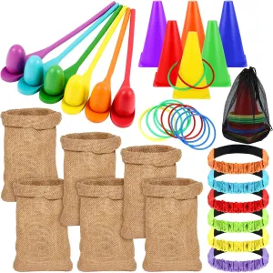 40 Pcs Carnival Outdoor Games, 6 Pack electro concave ephemeral 25x40 Burlap Potato Sack Race Bags for Kids Adults, Egg Spoon 3 Legged Race Bands Ring Toss Cones for Field Day Family Reunion Lawn Easter Games Sumind 