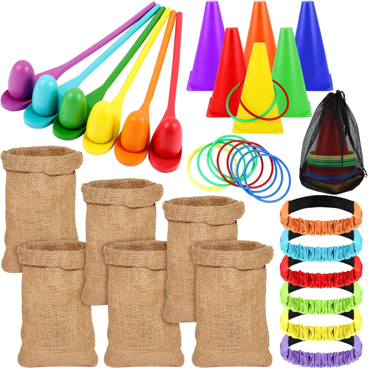 40 Pcs Carnival Outdoor Games, 6 Pack electro concave ephemeral 25x40 Burlap Potato Sack Race Bags for Kids Adults, Egg Spoon 3 Legged Race Bands Ring Toss Cones for Field Day Family Reunion Lawn Easter Games Sumind 