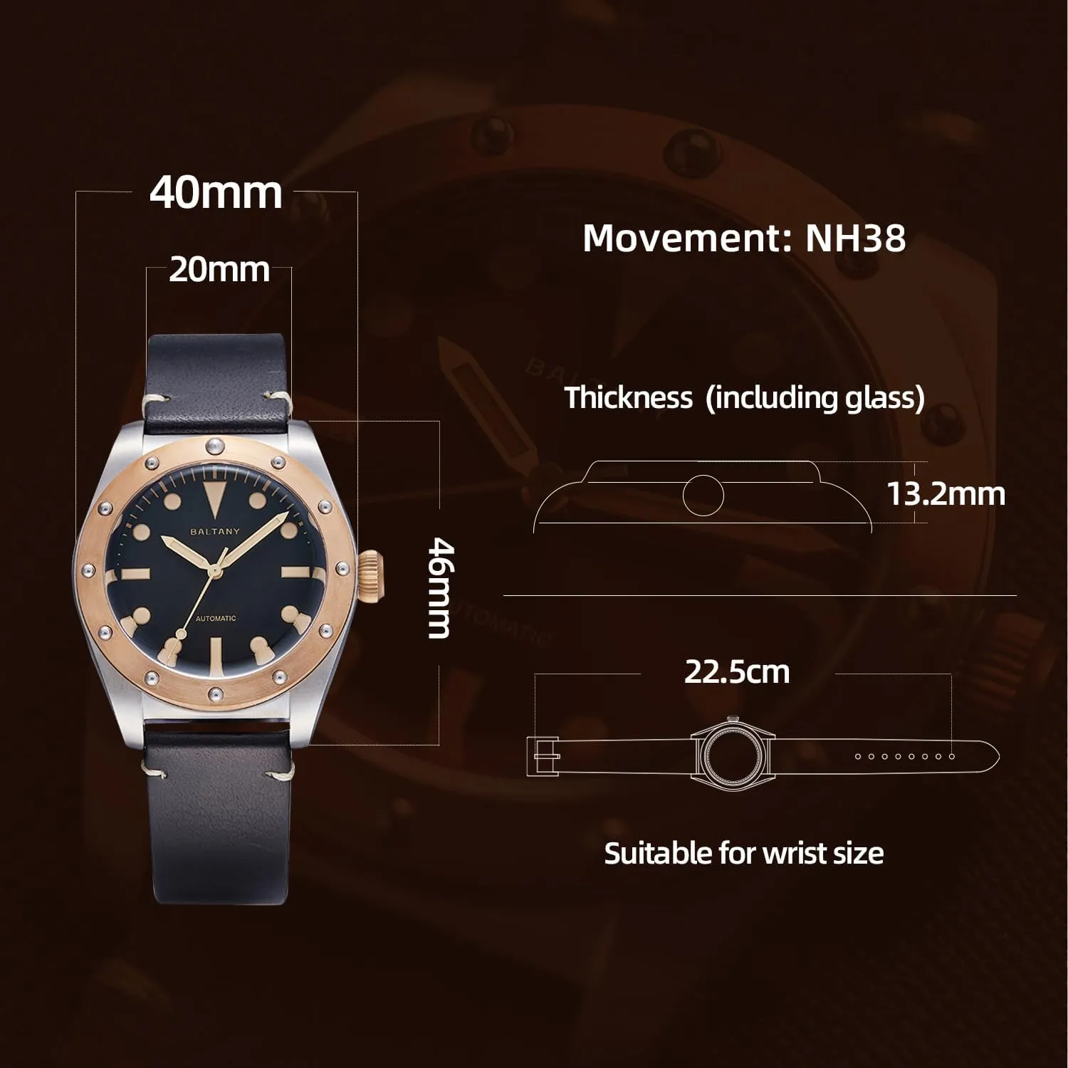 40mm Automatic Watch B4030 Bronze Watches for Men Vintage Wristwatch NH38 Movement falter embolism snap dealer Stainless Steel 