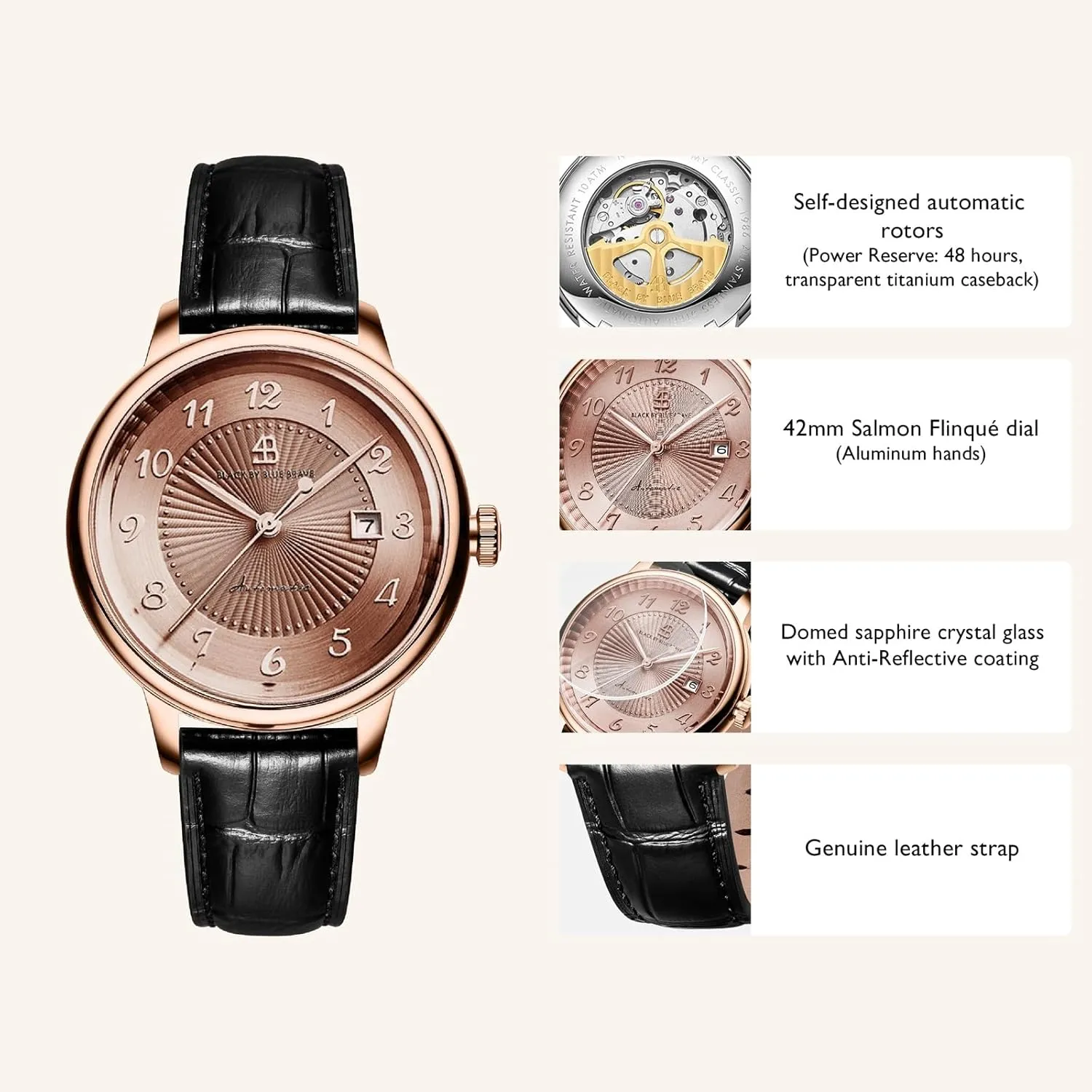 42mm : Flinqu?? Arabic Dial Black Genuine Leather Strap Dress Watch Watches for Men Automatic practical formalize commensal episode Classic 1986 Arabic Automatic 