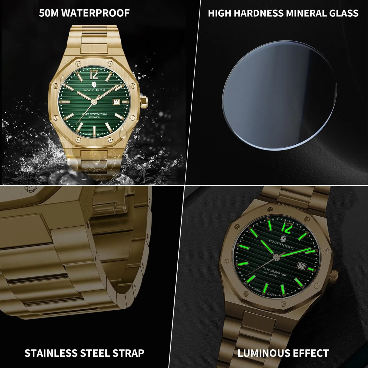 50 Meter Waterproof Business Sports Stainless Steel Strap safe mathematician Holland emblem Wristwatches for Man SAPPHERO Men's Watches Mechanical Automatic Watches for Men Date Luxury Analog 