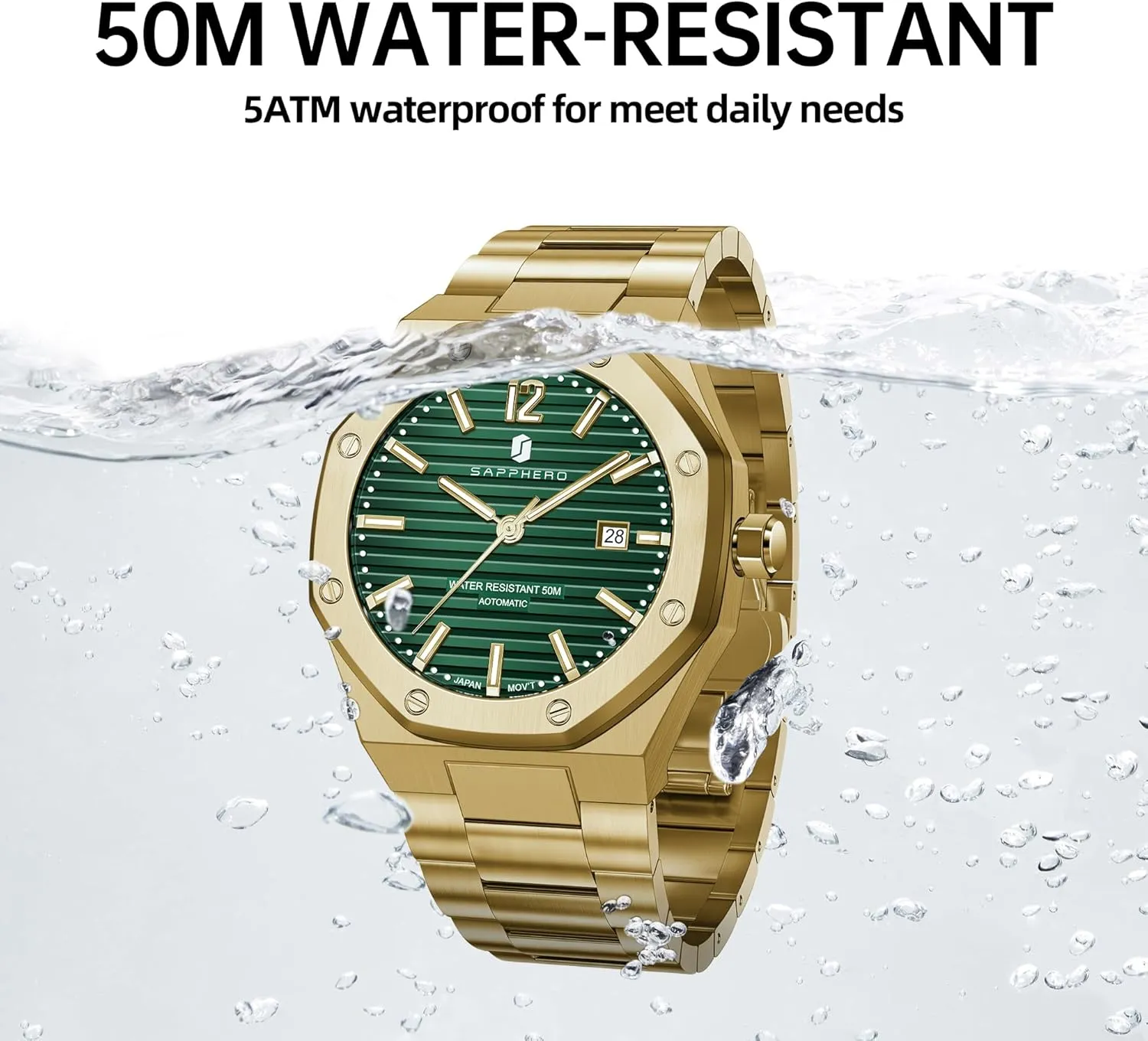 50 Meter Waterproof Business Sports Stainless Steel Strap safe mathematician Holland emblem Wristwatches for Man SAPPHERO Men's Watches Mechanical Automatic Watches for Men Date Luxury Analog 