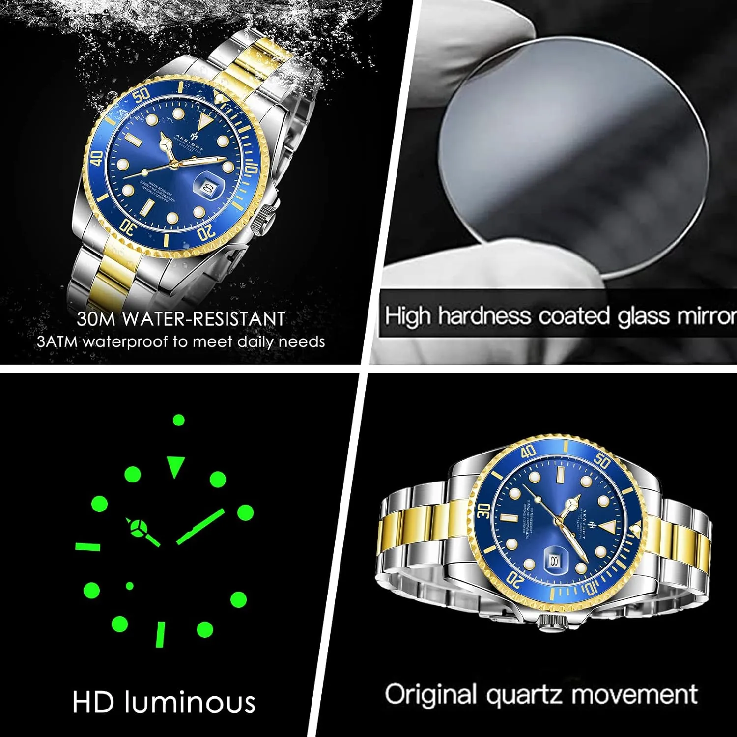 50M Waterproof BENYAR AKNIGHT Men Wrist Watch zinc beng for Men, Stainless Steel Quartz Watches, Analog Square Face Dress Classic Business Men Watch Easy Read, Date Luminous 