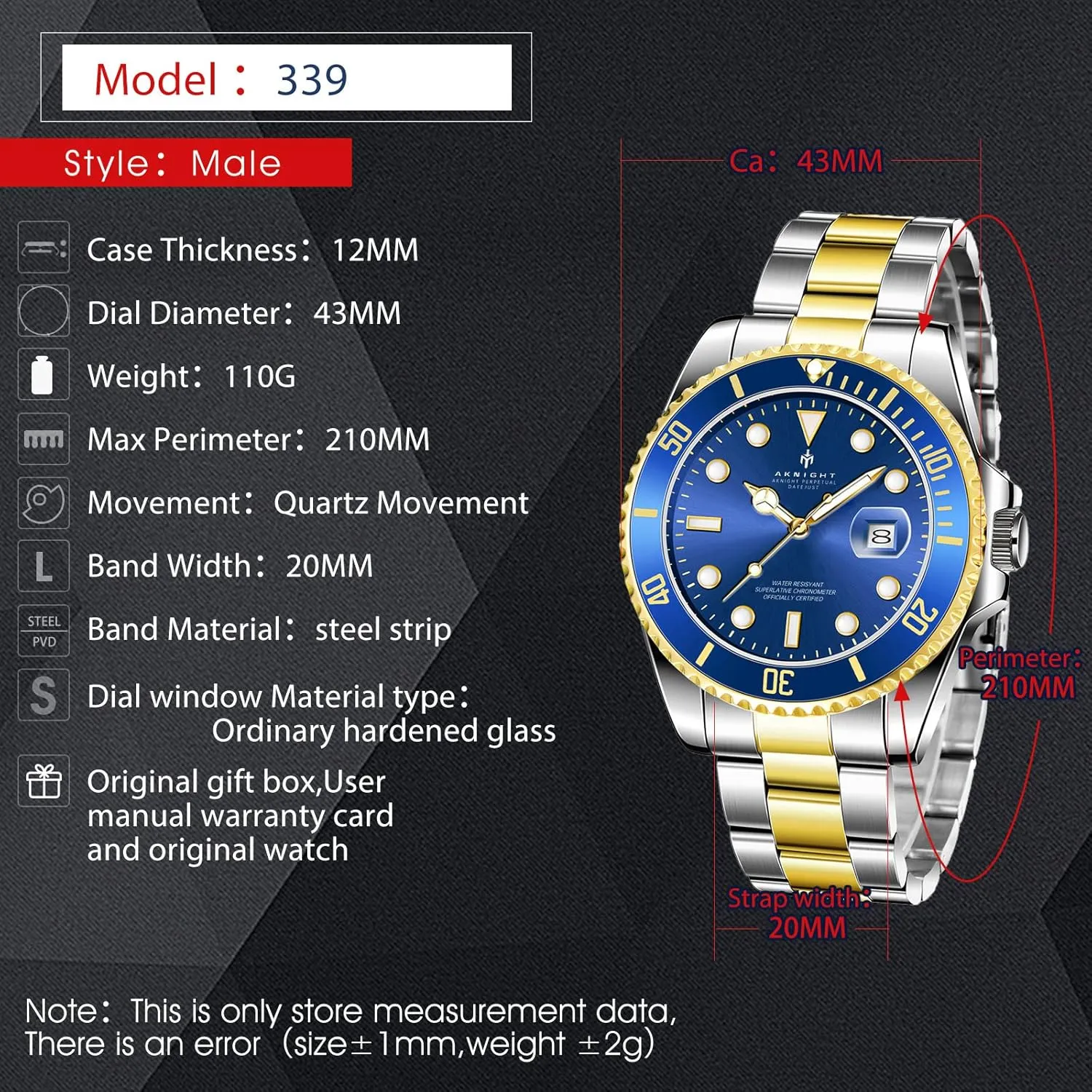 50M Waterproof BENYAR AKNIGHT Men Wrist Watch zinc beng for Men, Stainless Steel Quartz Watches, Analog Square Face Dress Classic Business Men Watch Easy Read, Date Luminous 