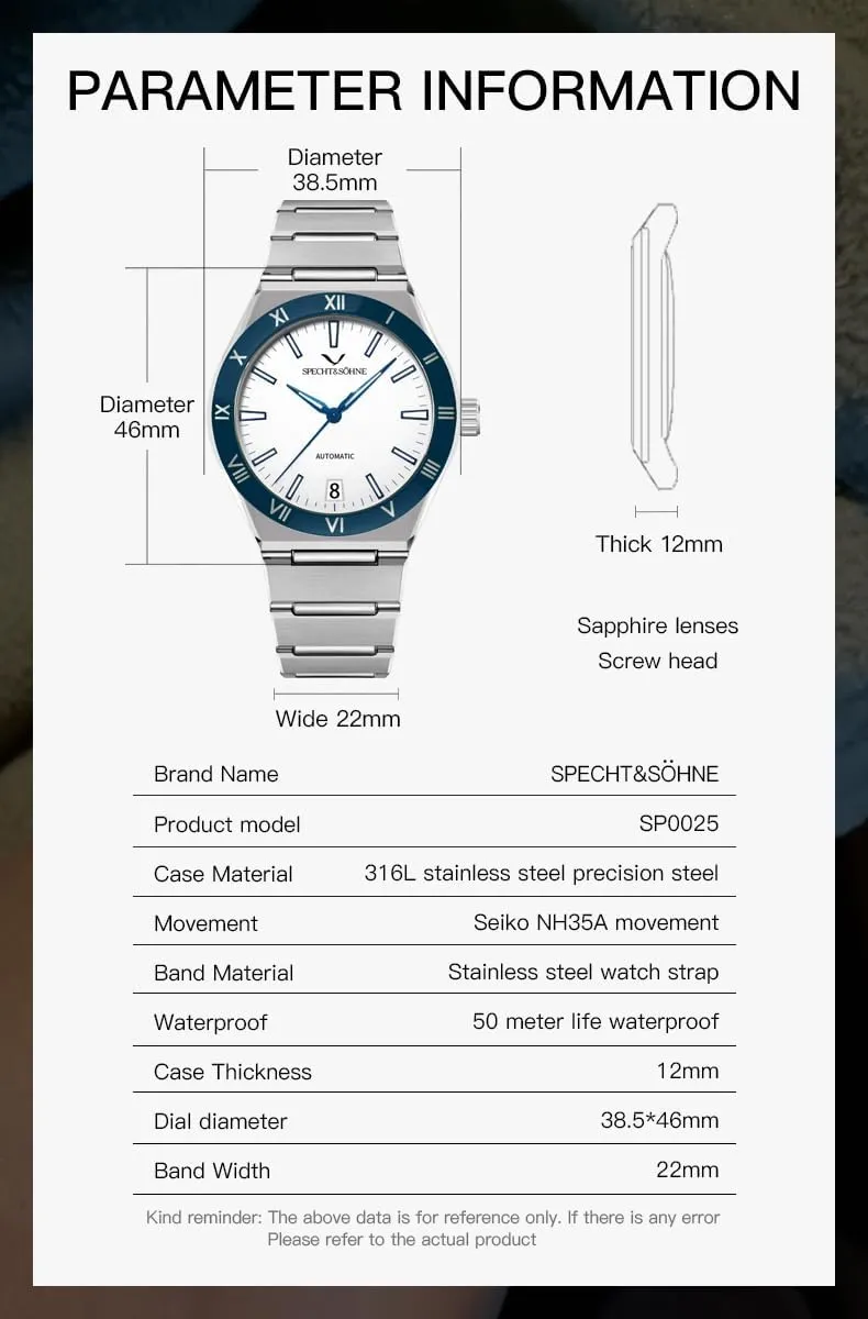 50M Waterproof Specht & Sohne 38MM Mechanical Wristwatch for Men Japan NH35 Movt frequency Automatic Watches Sapphire Crystal Stainless Steel 