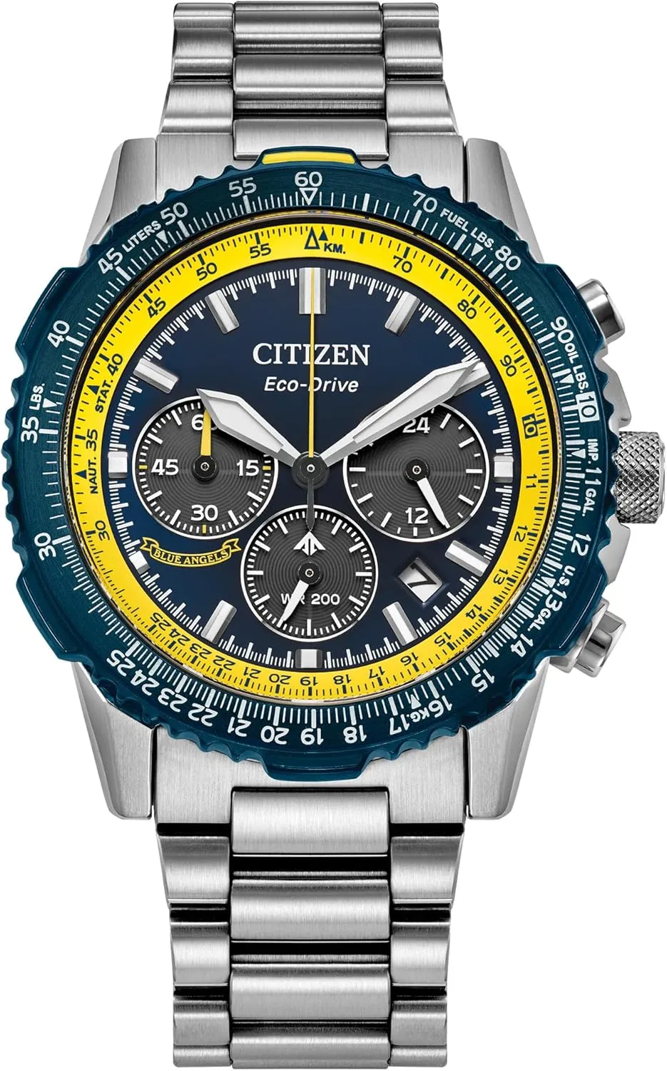 60 Minutes, 12/24 Hour Time (Model: CA4667-53L) Citizen Men's Eco-Drive Blue Angels enforcer radiator exert Promaster Navihawk Watch, Stainless Steel Bracelet, Chronograph Measures up to 