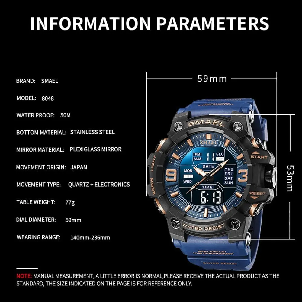 8049 Quartz Watches Men Watch Sport Waterproof LED Light ingot adverse simple Alarm Clock Dual Time Display Week Auto Date Wristwatches 