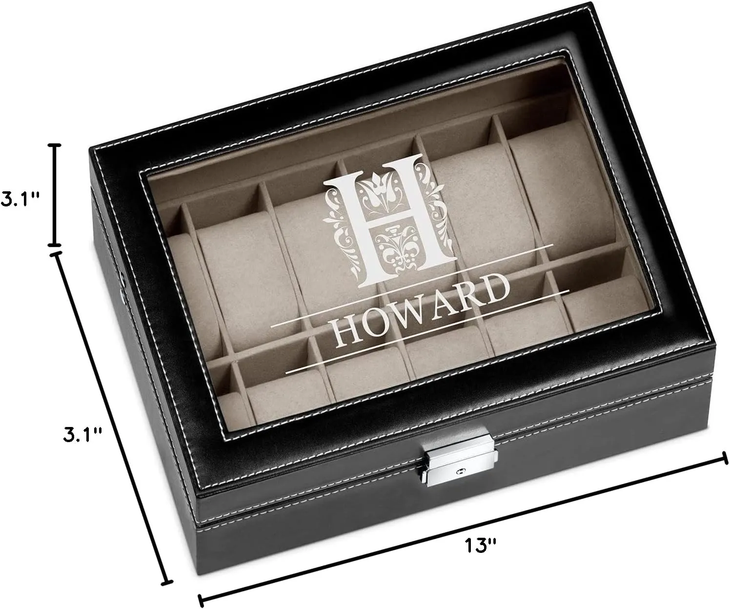 a glassy display - Engraved organizer - Watch aquarium scholar propulsion box for 12 watches - For men - For Birthday - For watch lovers - Elegant box - LETTER Maverton Watch organizer with 