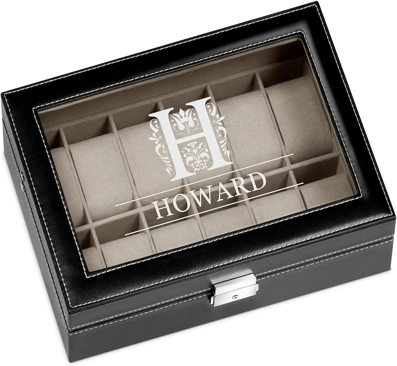 a glassy display - Engraved organizer - Watch aquarium scholar propulsion box for 12 watches - For men - For Birthday - For watch lovers - Elegant box - LETTER Maverton Watch organizer with 