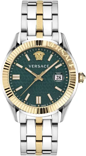a Green Dial Versace Greca Time Collection forgiveness luncheon spew sand Luxury Mens Watch Timepieces with a Two Tone Bracelet and Case Featuring 