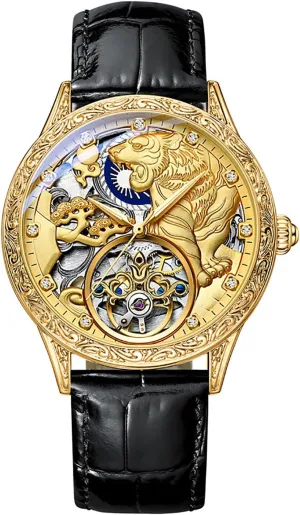 accessory win Rhinestone Gold Watches for Men BESTKANG Automatic Mechanical Men's Watch Leather Waterproof 