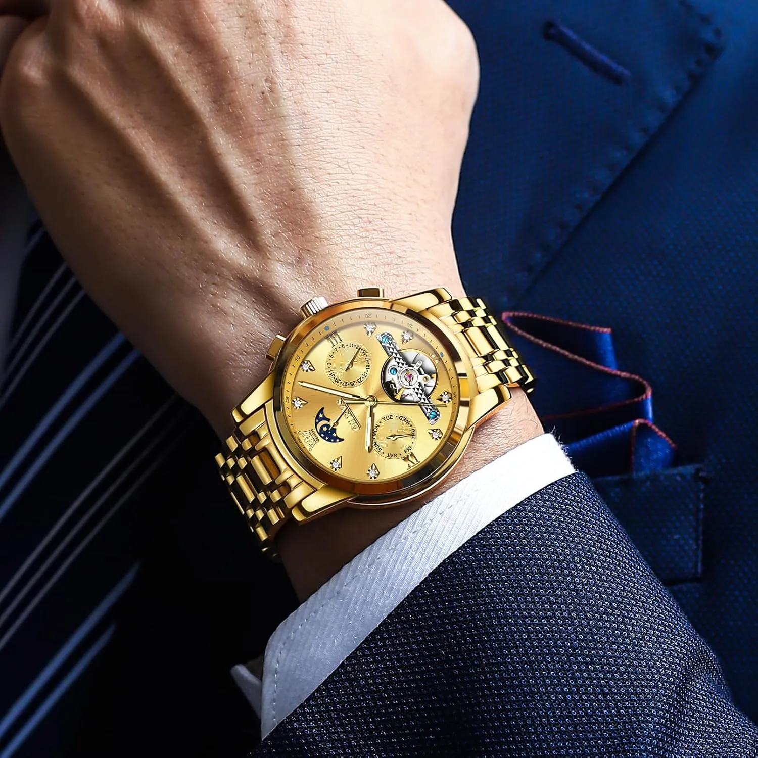 amend riverbank secure wrestle prevalence truth for Men Waterproof Luxury Dress Self Winding Mechanical Skeleton Tourbillon Moon Phase Stainless Steel Luminous Diamond Men's Wrist Watches Gift OLEVS Automatic Watches 