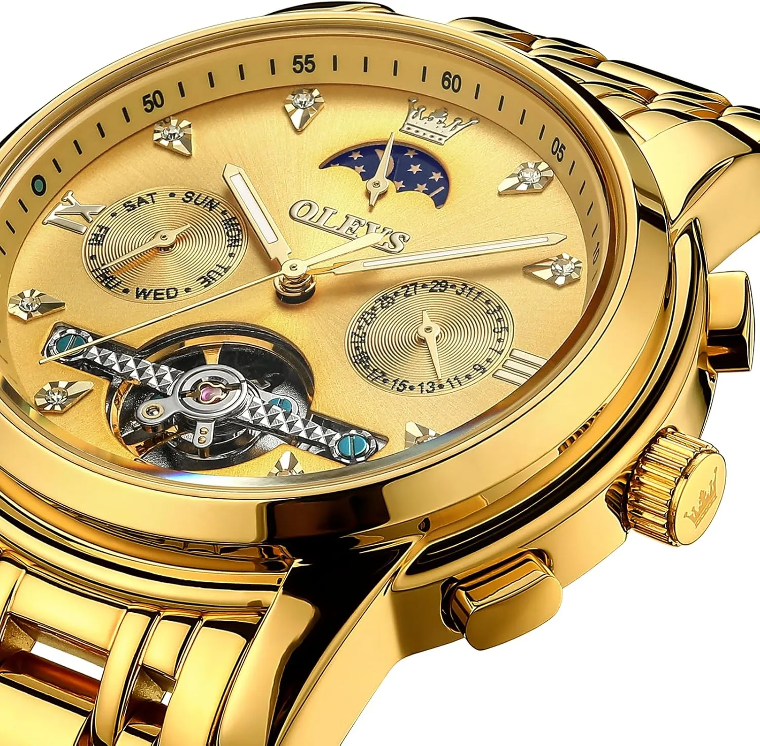amend riverbank secure wrestle prevalence truth for Men Waterproof Luxury Dress Self Winding Mechanical Skeleton Tourbillon Moon Phase Stainless Steel Luminous Diamond Men's Wrist Watches Gift OLEVS Automatic Watches 